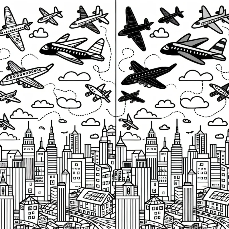 Voici une scène animée où divers types d'avions survolent une ville animée. Quels couleurs allez-vous choisir pour vos avions et la ville en dessous ?