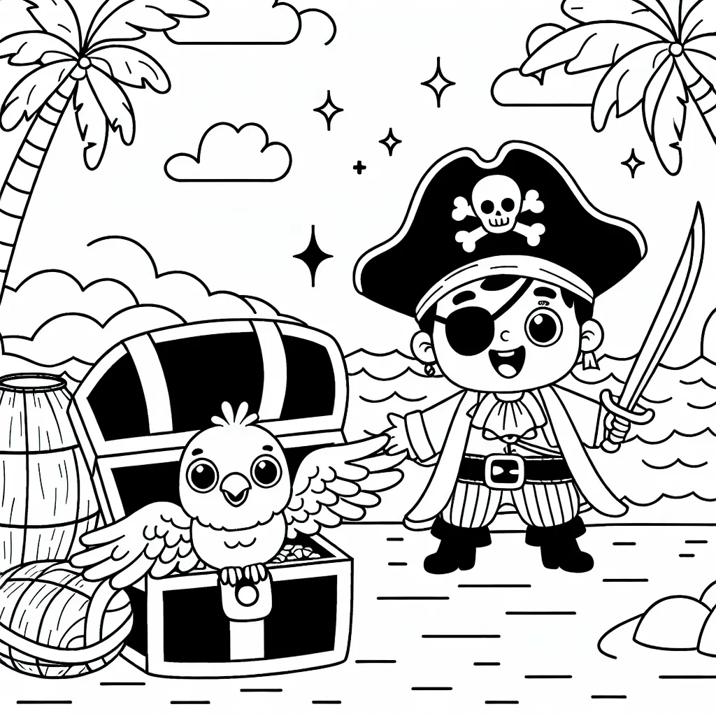 Imagine et colorie une aventure palpitante avec un petit pirate et son perroquet sur leur île des trésors.