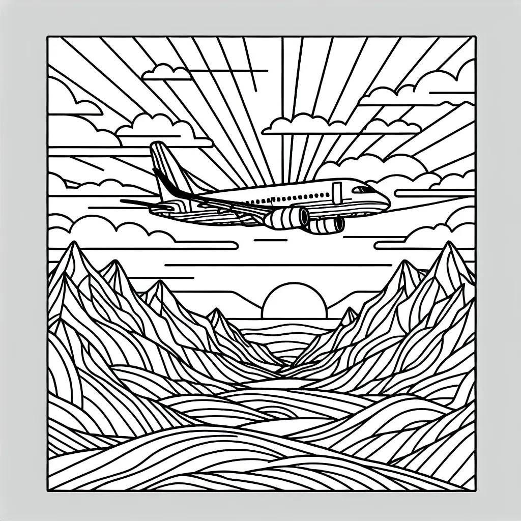 Dessine un avion de ligne moderne survolant un paysage montagneux avec un lever de soleil en arrière-plan