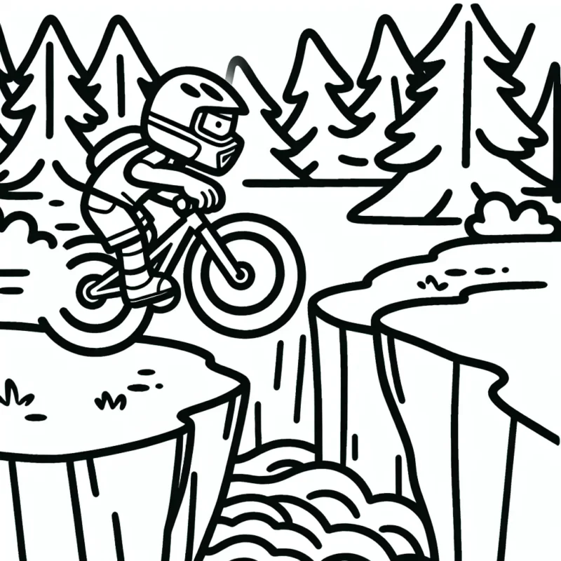 Dessinez un cycliste de montagne sautant par-dessus un ravin, avec une forêt en arrière-plan et une rivière déchaînée en dessous.