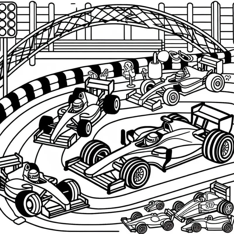 Un circuit automobile avec des voitures de course diverses en pleine compétition.
