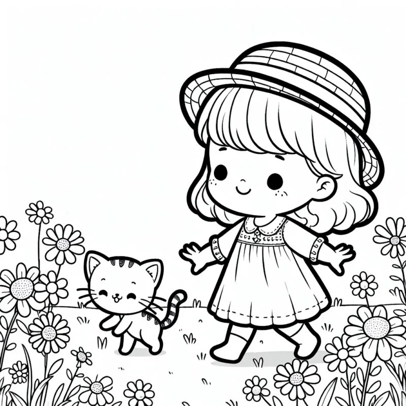 Petite fille dansant dans un champ de fleurs avec un chapeau de paille, un chaton suit derrière