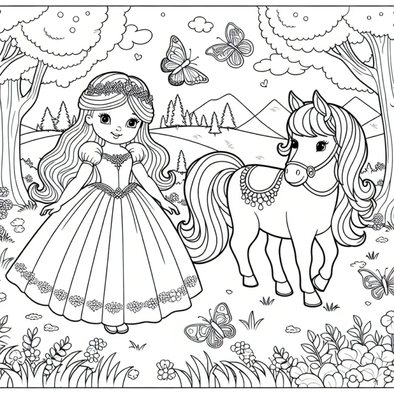 Un monde féerique avec une belle princesse, son fidèle poney, et des papillons colorés dans une forêt enchantée.