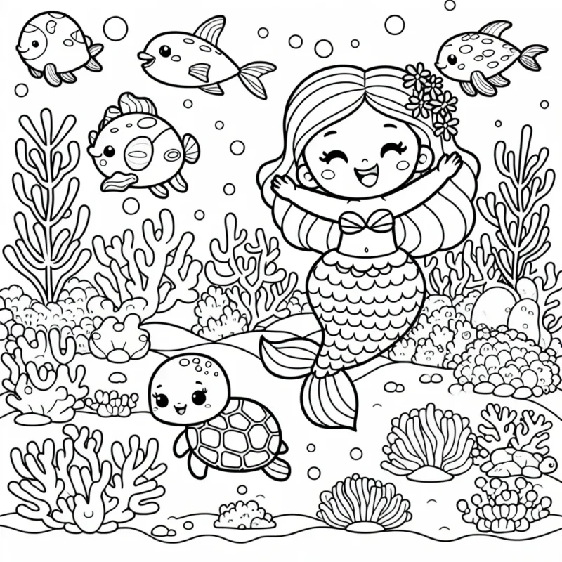 Imagine une petite sirène qui joue dans un parc de coraux colorés avec ses amis les poissons et les tortues marines.