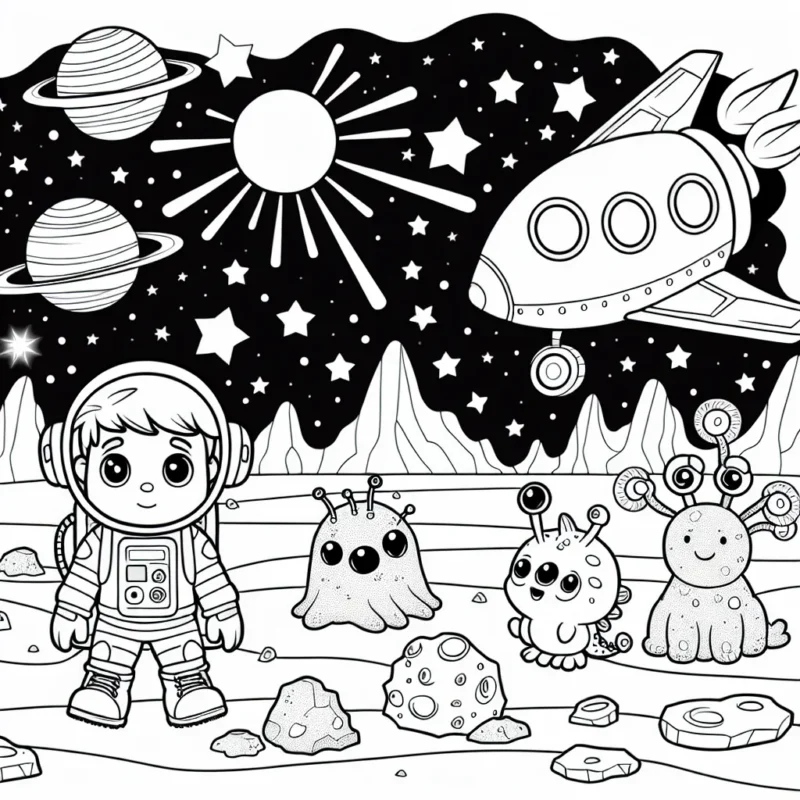 Dans ce dessin, retrouve un brave petit bonhomme astronaute explorent une nouvelle planète peuplée de créatures amusantes et sympathiques. Il y a également des roches spatiales, des cratères, une navette spatiale et bien sûr, l'immensité de l'étoile brillante dans le ciel de l'espace.