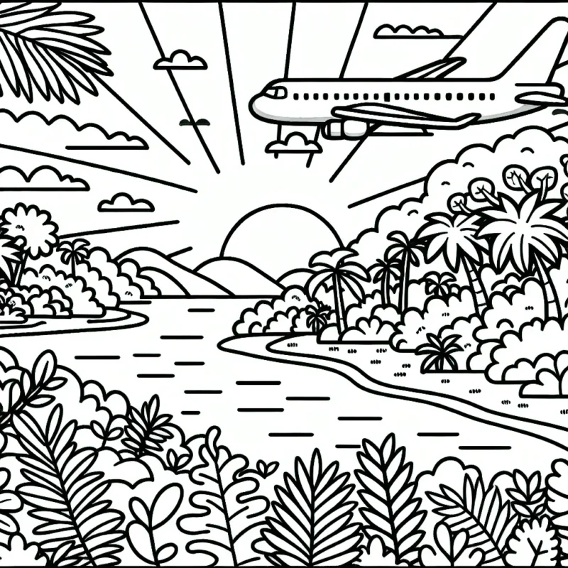 Un avion survolant la jungle dense et diversifiée avec le soleil couchant à l'horizon.