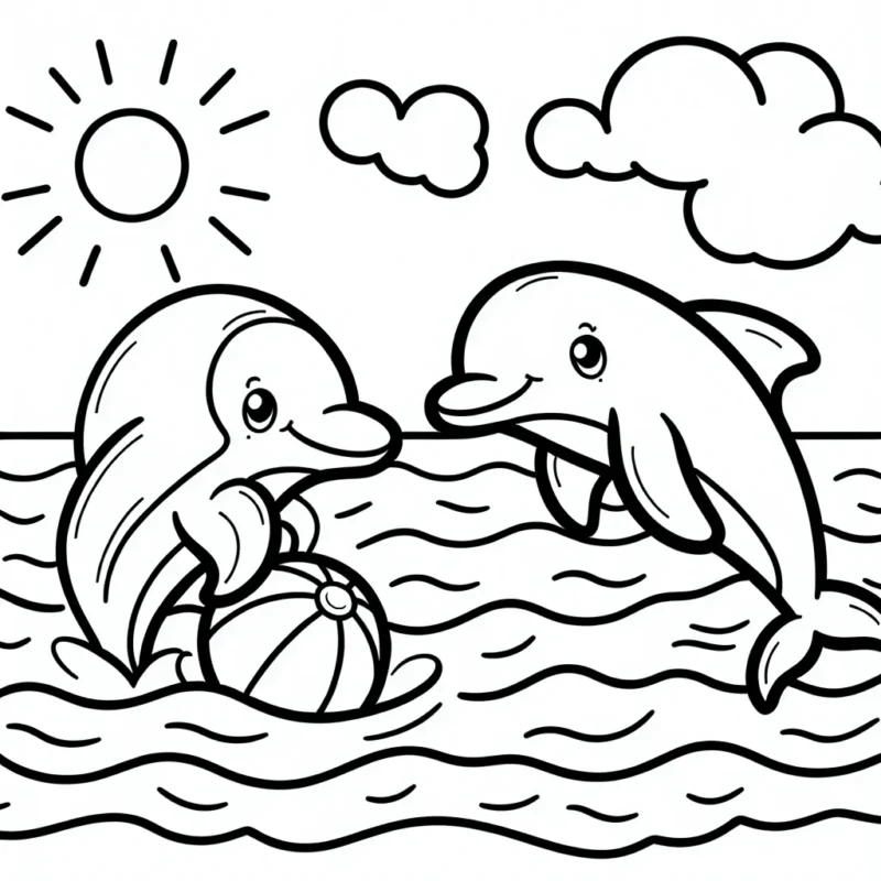 Deux dauphins jouant avec une balle au milieu de l'océan