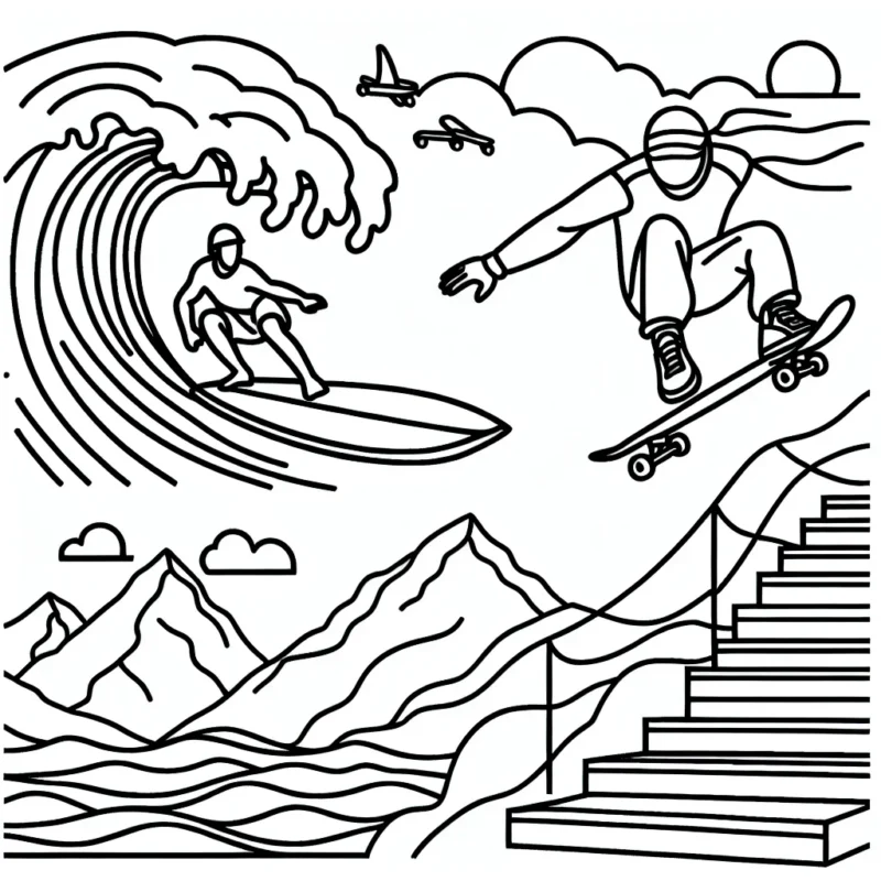 Dessine un surfeur qui défie un très haut vague, un skateboarder en plein saut au-dessus d'un escalier, et un Base jumper sautant d'une montagne.
