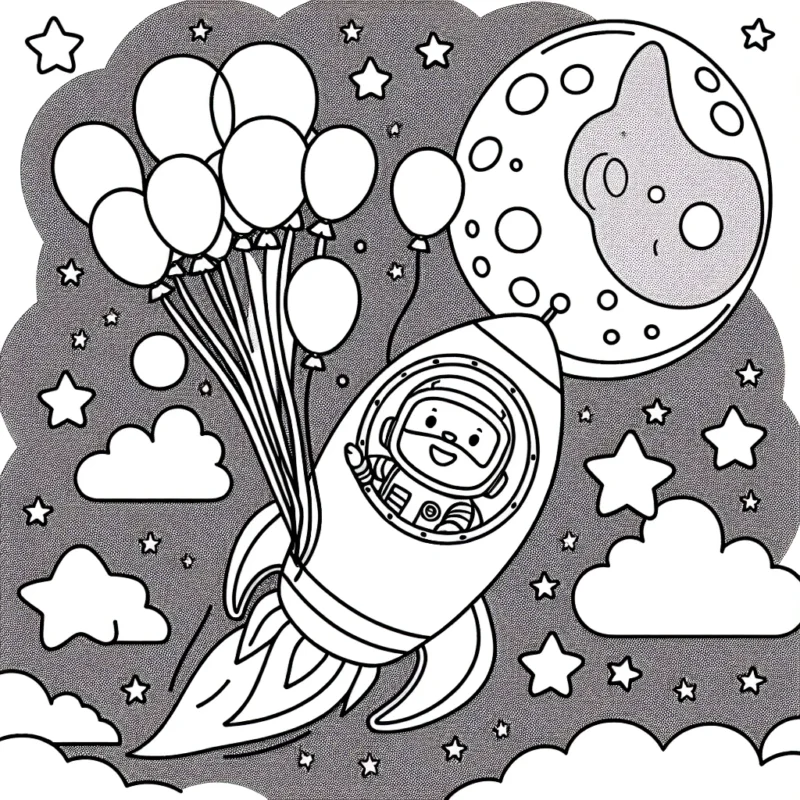 Un astronaute souriant dans une fusée passe devant la lune avec des étoiles scintillantes en arrière-plan. La fusée a une porte ouverte d'où sortent des cordes auxquelles sont attachés des ballons à l'hélium de différentes formes soulignant une fête dans l'espace.