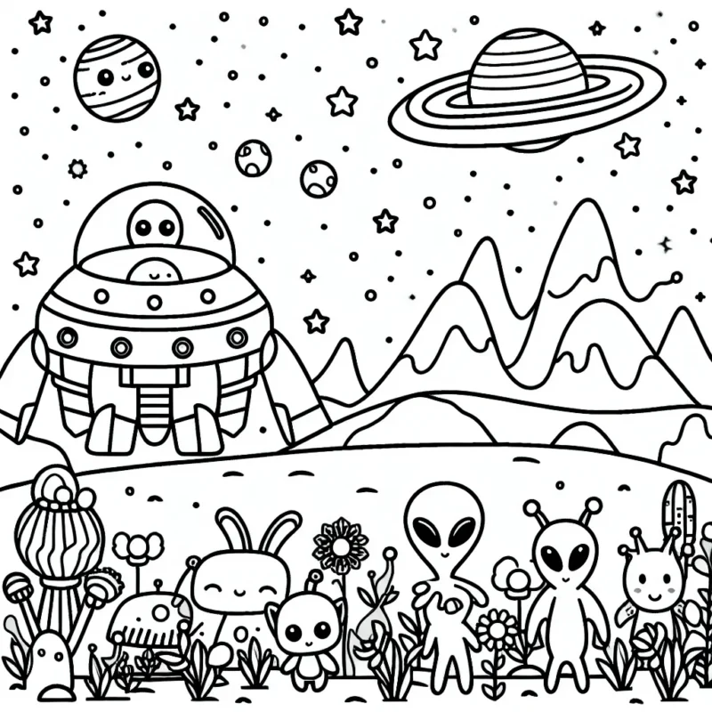 Imagine et colorie un amusant véhicule spatial sur une belle planète lointaine peuplée de créatures extraterrestres vivant en harmonie.