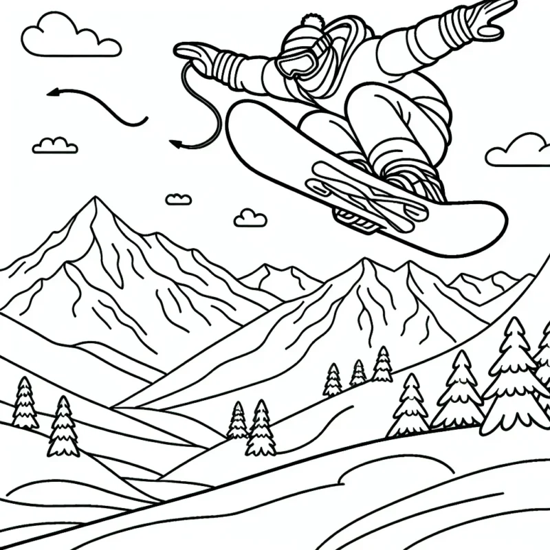 Imagine et dessine un scénario passionnant où un snowboardeur exécute un saut acrobatique incroyable sur une montagne enneigée.