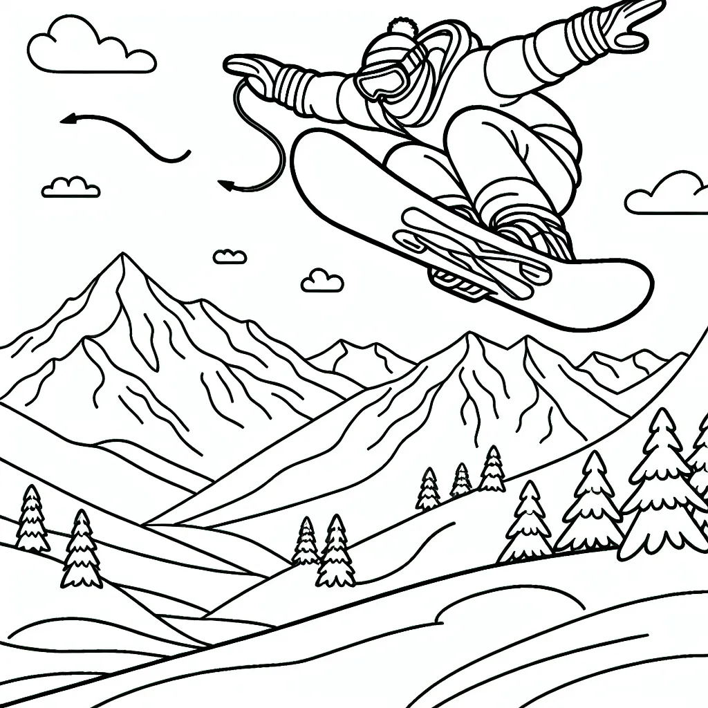 Imagine et dessine un scénario passionnant où un snowboardeur exécute un saut acrobatique incroyable sur une montagne enneigée.