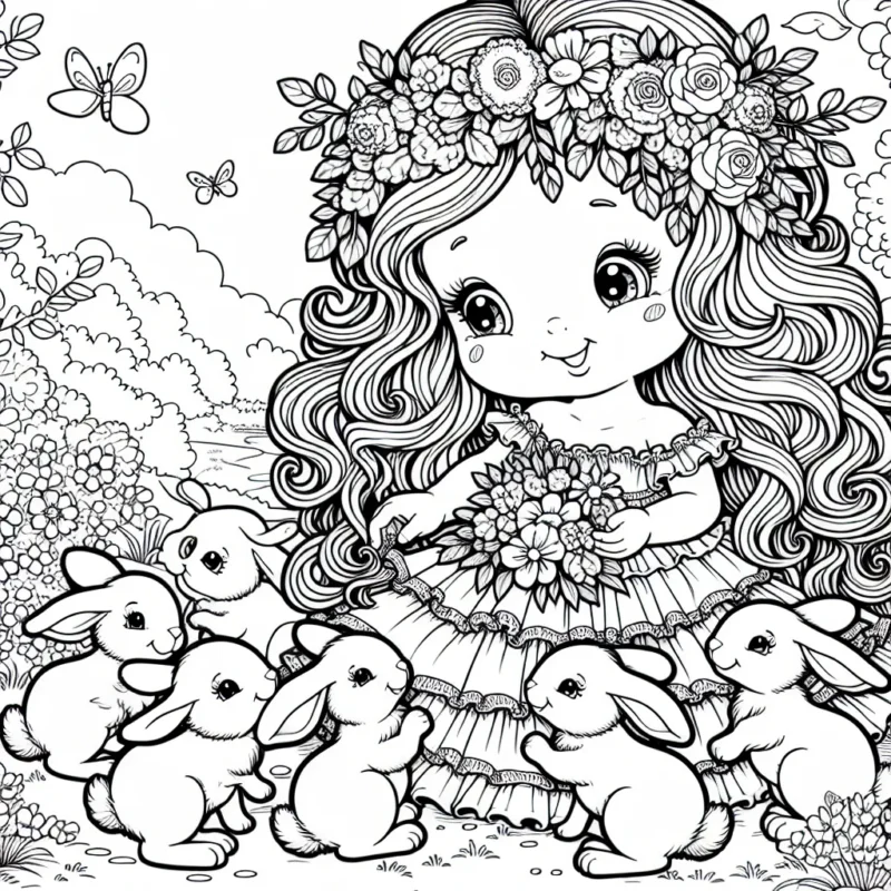 C'est une magnifique journée d'été, où une adorable petite princesse aux cheveux longs et ondulés, vêtue d'une jolie robe à volants est en train de nourrir avec amour un groupe de lapins dans son jardin enchanteur. Éclaboussez ce tableau avec vos couleurs favorites!