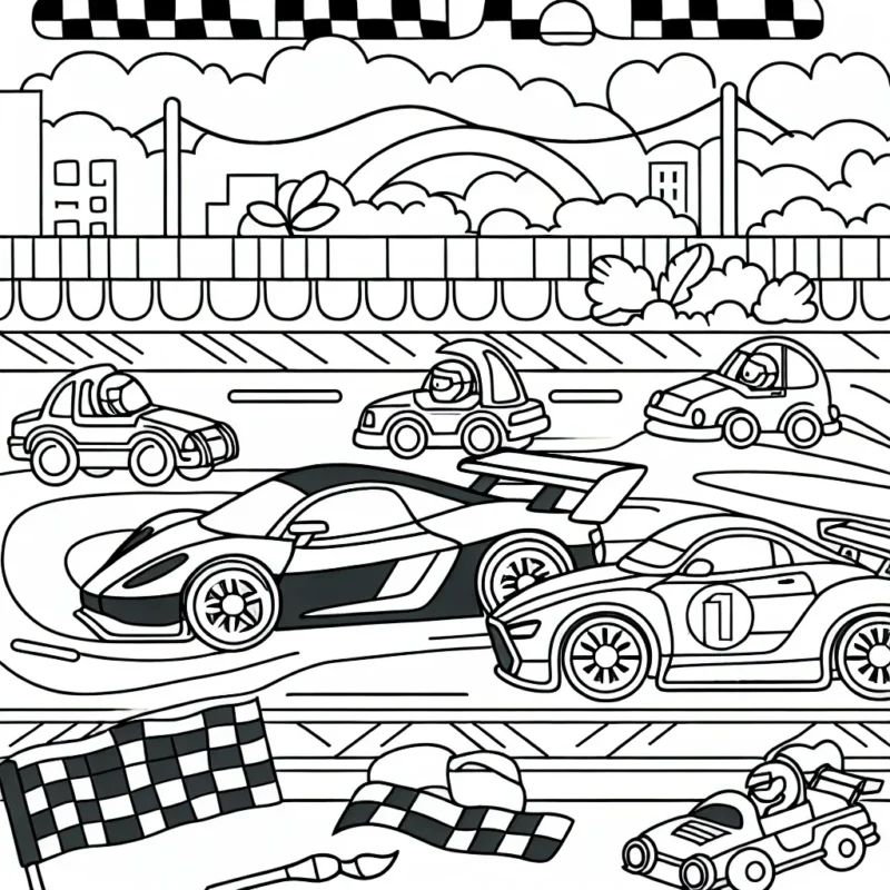 Un parcours de course de voitures passionnant vient de commencer mais les véhicules n'ont pas encore de couleurs. Peux-tu colorier les voitures ainsi que la scène qui les entoure ?