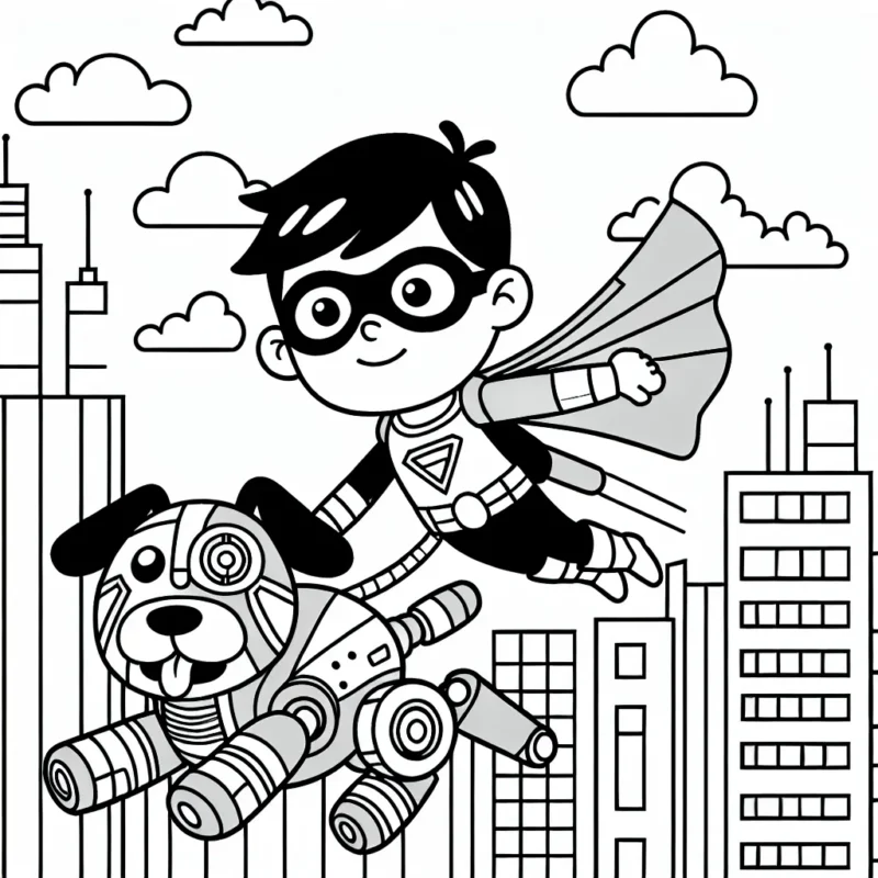 Un petit garçon super-héros volant au-dessus de la ville avec son chien robot