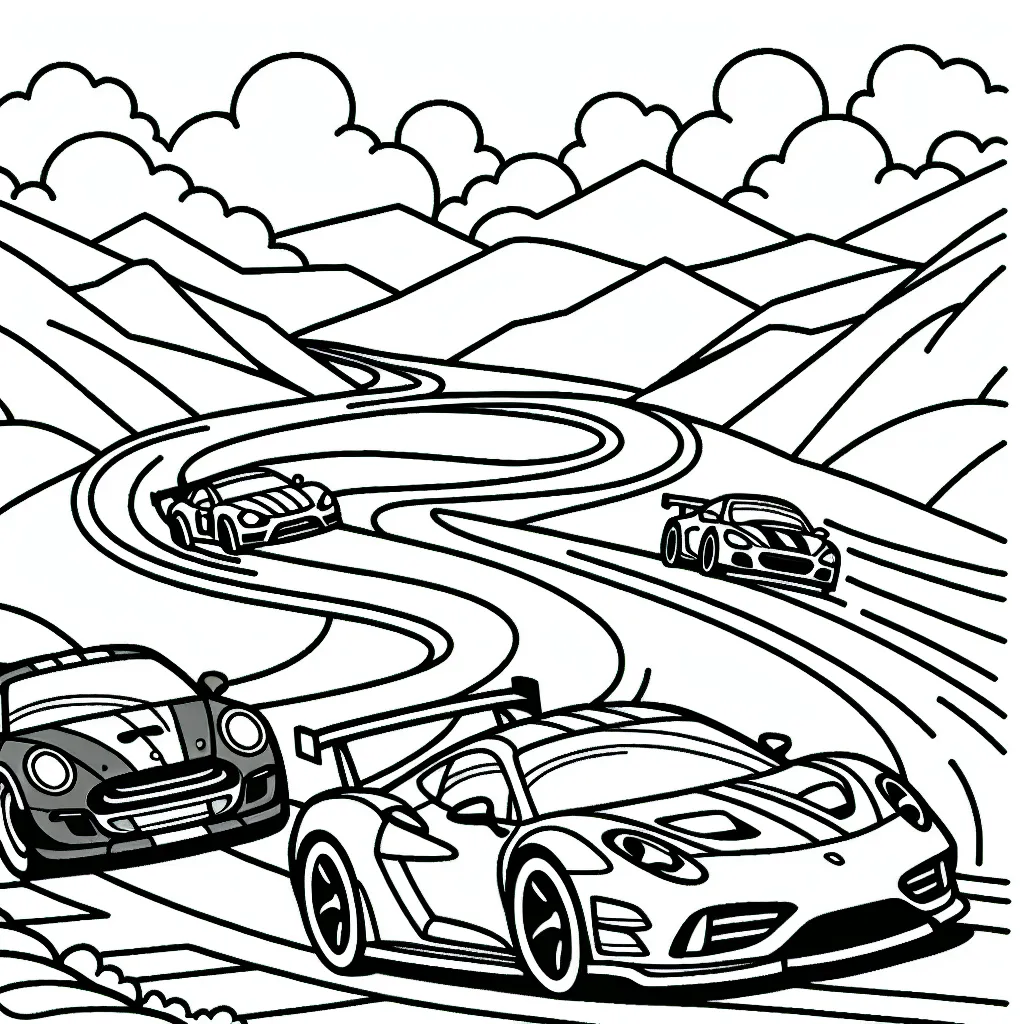 Dessine une course effrénée de voitures de sport sur un circuit rempli de virages et de pentes raides.