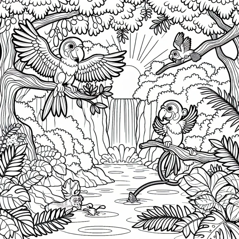 Imagine une jungle luxuriante où des perroquets arc-en-ciel volent à travers les arbres et des singes taquins sautent de liane en liane. L'étincelante cascade au loin cache un secret, révèle ce secret en coloriant l'image.