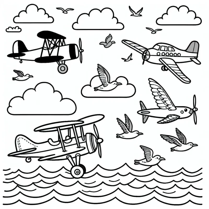 Dessiner et colorier un groupe d'avions colorés qui volent au-dessus de l'océan, avec des oiseaux marins et des nuages.