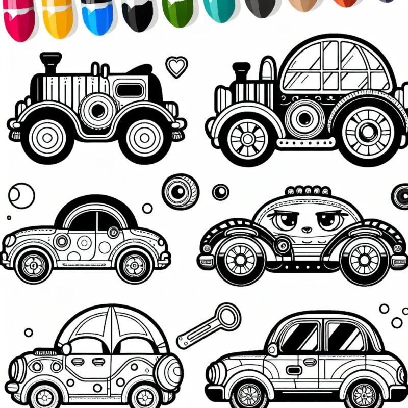 Un bal de voitures distinctes par marques se déroule. Les voitures montrent leur originalité et leurs couleurs uniques qui les distinguent. Les marques sont clairement visibles sur chaque voiture. Exprimez votre imagination en appliquant vos couleurs préférées à ces voitures de marques célèbres!