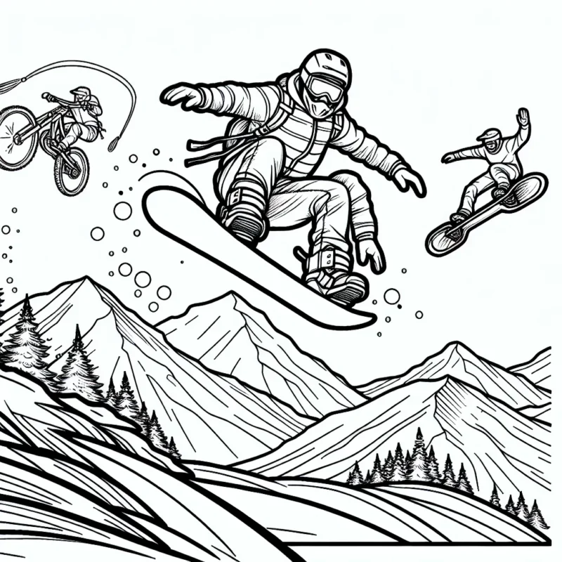 dessine un snowboarder en action en montagne, avec en arrière-plan d'autres sports extrêmes comme le base jump et le VTT de descente
