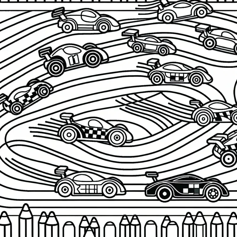 Imagine une voiture de course colorée zigzaguant à pleine vitesse autour d'un circuit rempli de voitures concurrentes.
