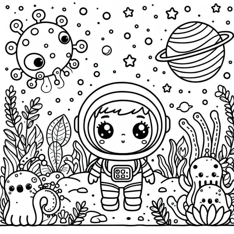 Un petit astronaute avec une combinaison spatiale explore une planète extraterrestre remplie de créatures et de plantes inconnues.