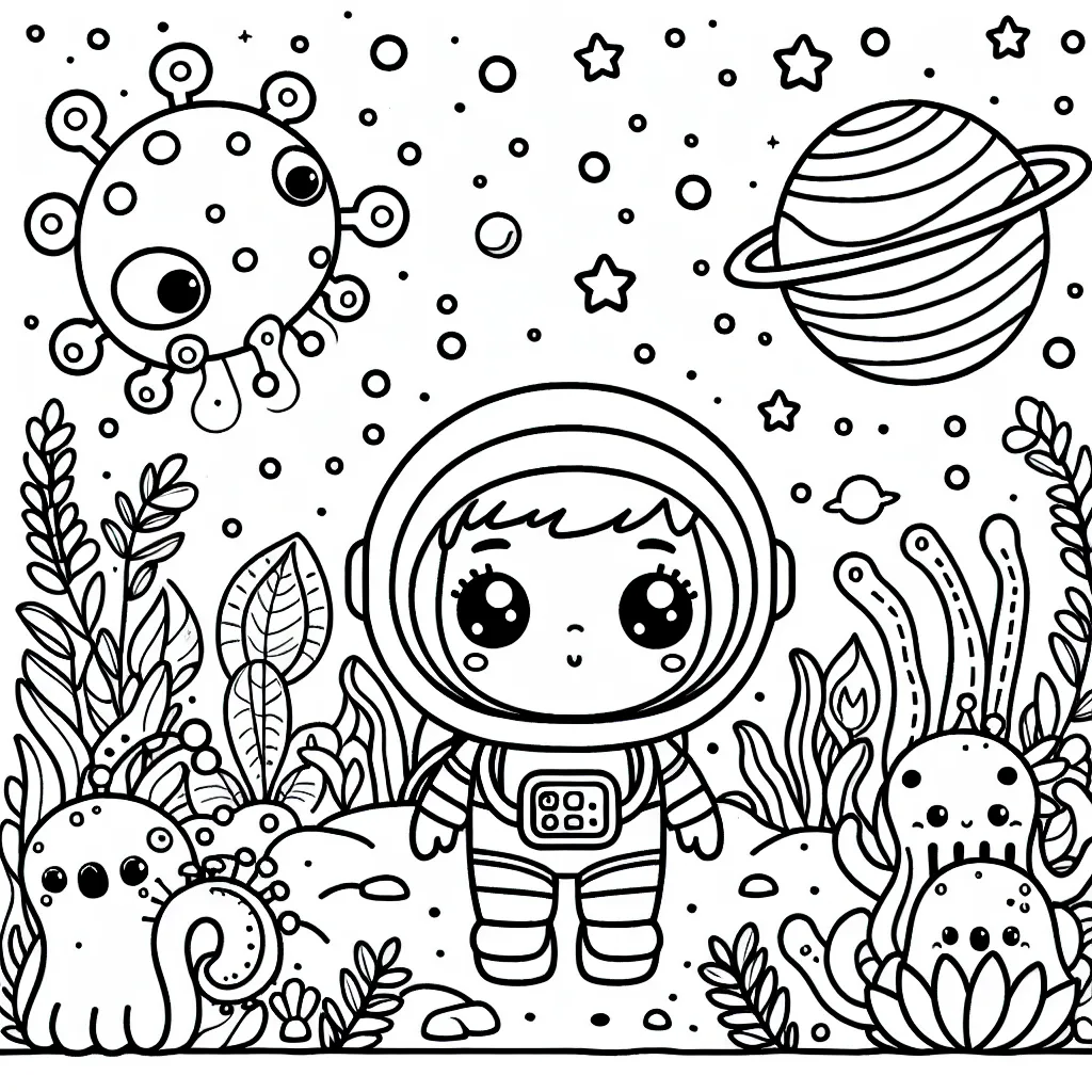 Un petit astronaute avec une combinaison spatiale explore une planète extraterrestre remplie de créatures et de plantes inconnues.