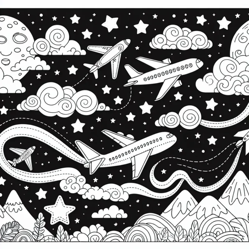 Invente un scénario dans lequel différents types d'avions s'envolent dans le ciel étoilé pour un grand voyage. Imagine un joli paysage avec des montagnes, des nuages doux et une lune souriante.