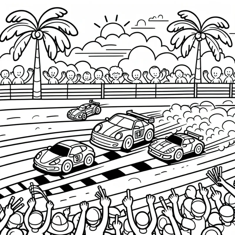 Dessine une scène animée d'un circuit de course automobile. Tu as trois voitures de course, une rouge, une bleue et une verte. Tu as aussi des fanatiques qui encouragent les voitures, des palmiers autour de la piste et un ciel ensoleillé pour compléter le tableau.