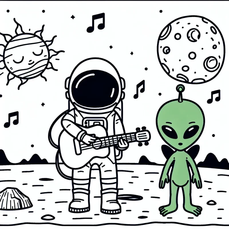 Un astronaute jouant de la guitare sur la lune avec un extraterrestre vert qui danse à côté.