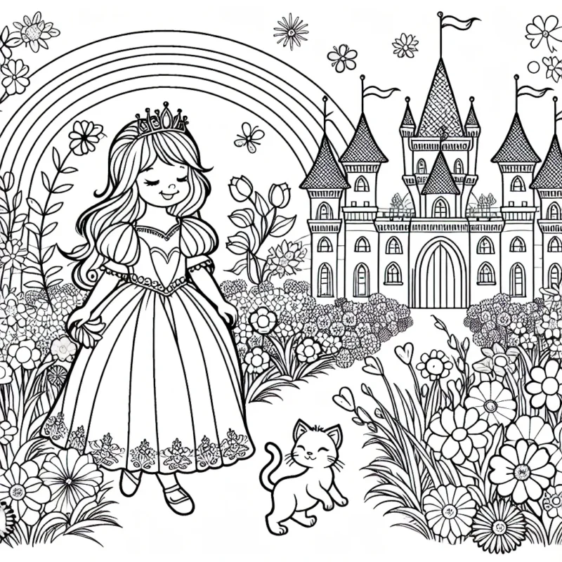 Une princesse marche le long d'un beau jardin fleuri avec son chaton à ses côtés. Ils se dirigent vers un magnifique château arc-en-ciel. Les fleurs sont de différentes sortes et de différentes couleurs. Le château brille sous le soleil du printemps.