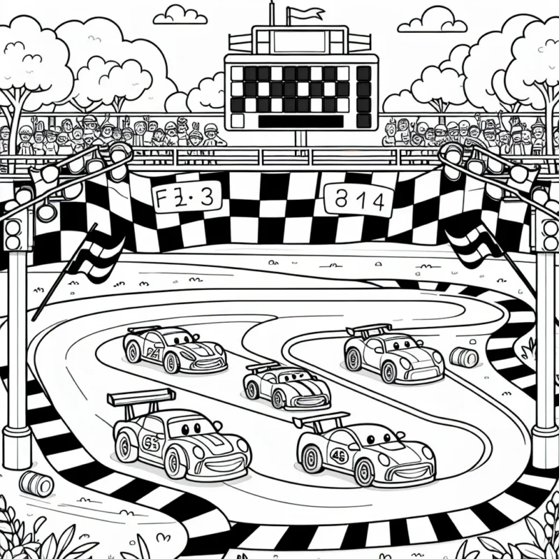 Dessine une scène de course de voitures animées, avec différents types de voitures, une piste de course, des panneaux, des arbres et un public en arrière-plan.