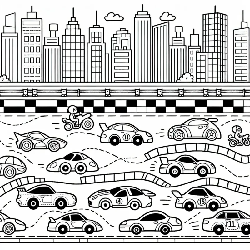 Dessine une course amusante avec plusieurs types de voitures dans un paysage urbain