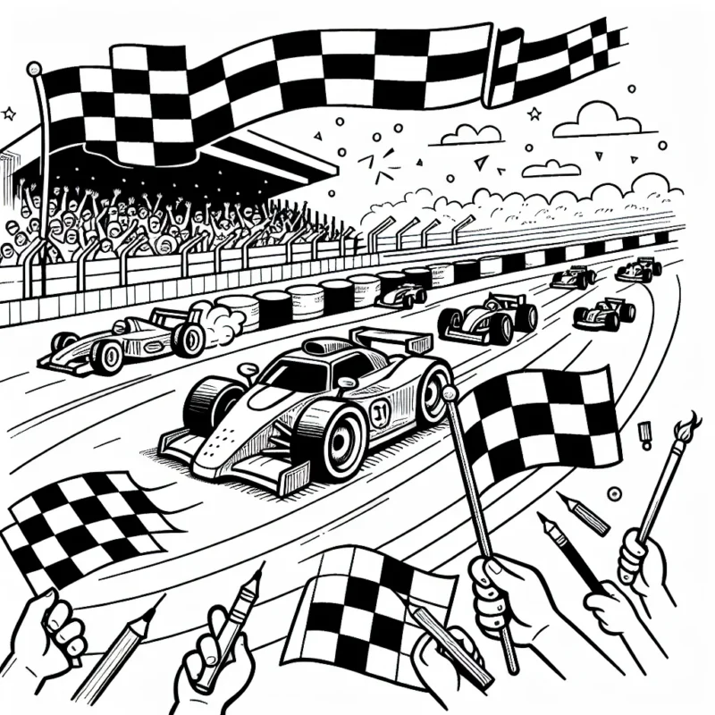 Dessine une scène dynamique d'une course de voitures avec des véhicules de différentes formes, couleurs et tailles. Assure-toi d'inclure des détails comme les fans dans les stands, et même des drapeaux à damier pour indiquer la zone de fin de course !