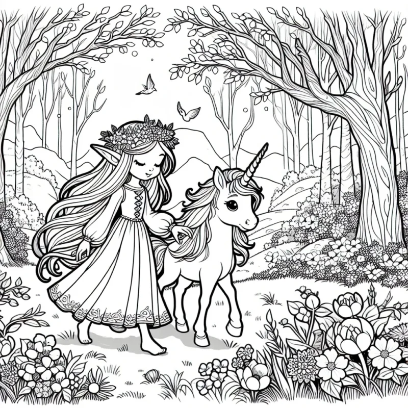 La princesse elfe emmène son amie la petite licorne à travers la forêt enchantée pour célébrer l'arrivée du printemps.