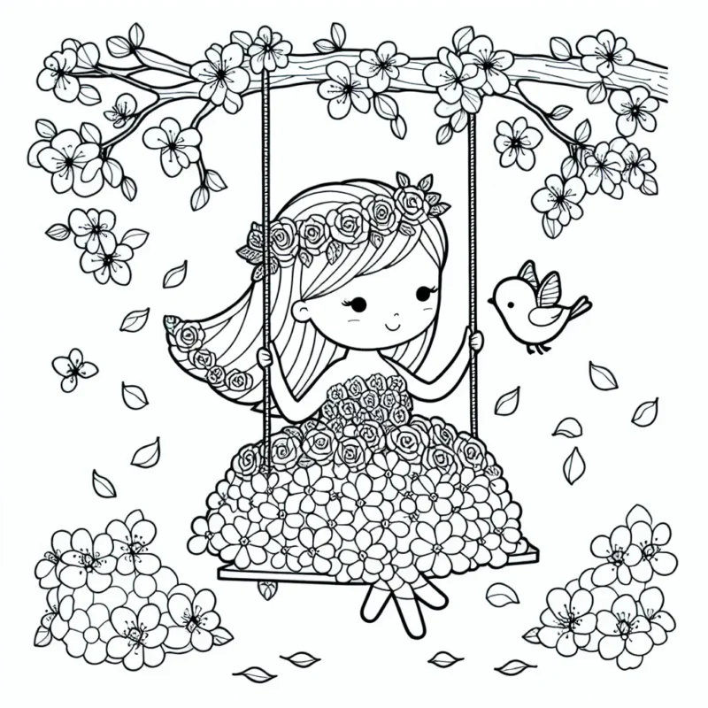 Une petite princesse avec sa robe en pétales de rose et un petit oiseau bleu sur son épaule se balance doucement sur une balançoire suspendue à un arbre de cerisier en fleurs.