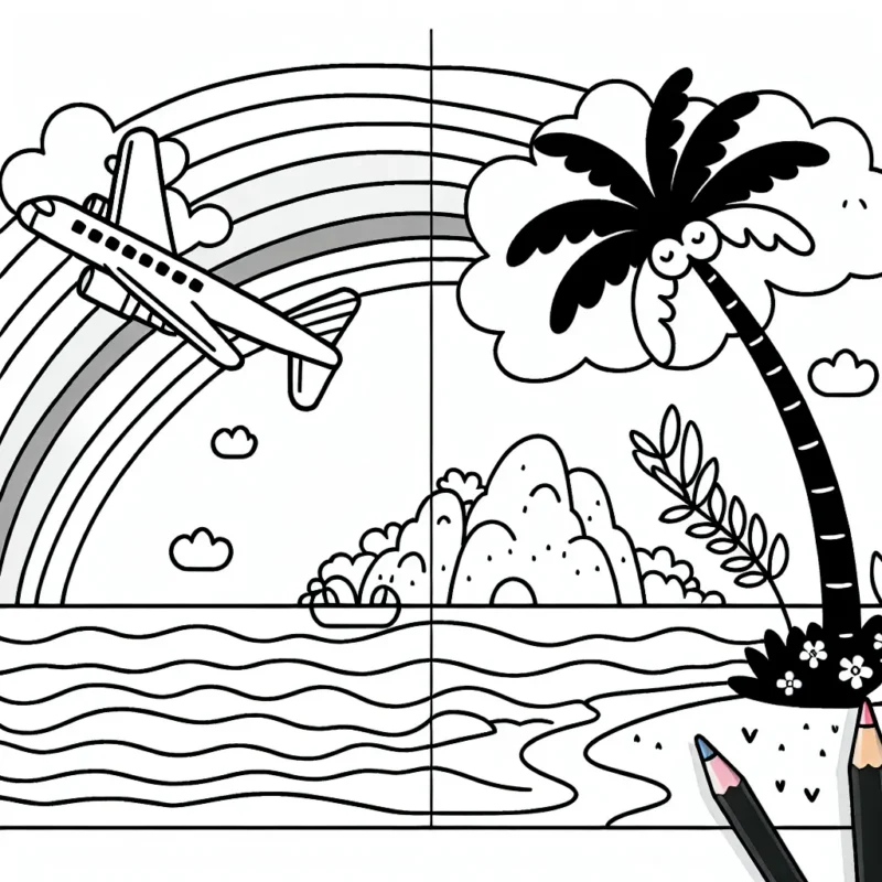 Un avion en vol au-dessus d'une île tropicale, avec un arc-en-ciel qui traverse le ciel