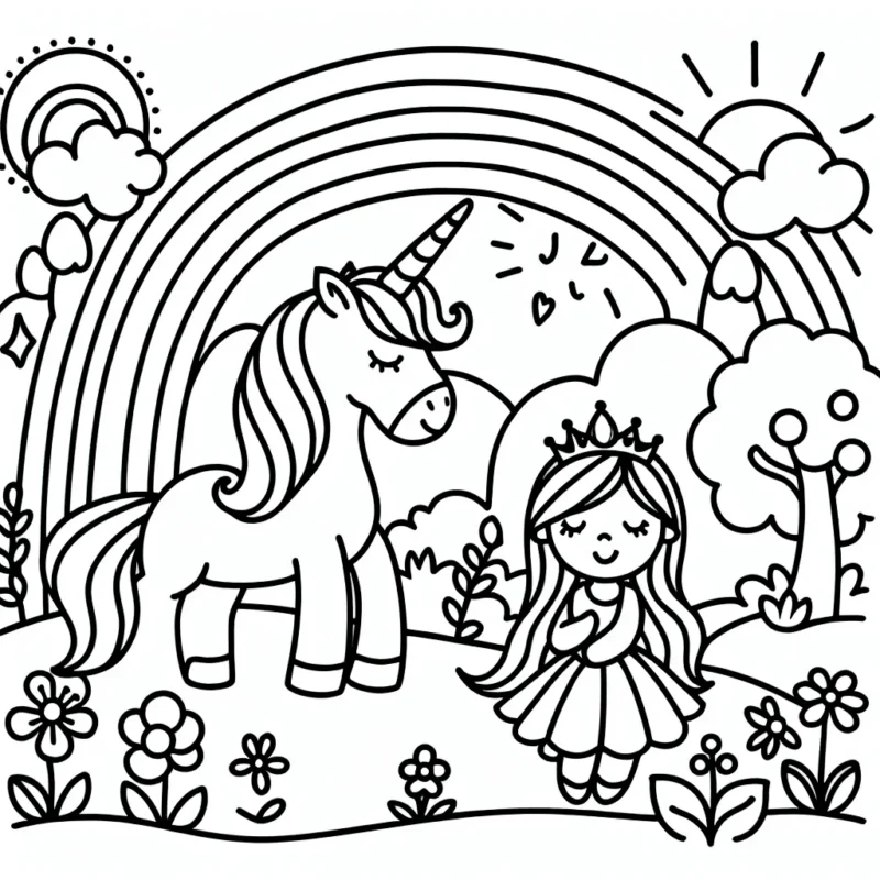 Un paysage féérique avec une licorne, une princesse et un arc-en-ciel