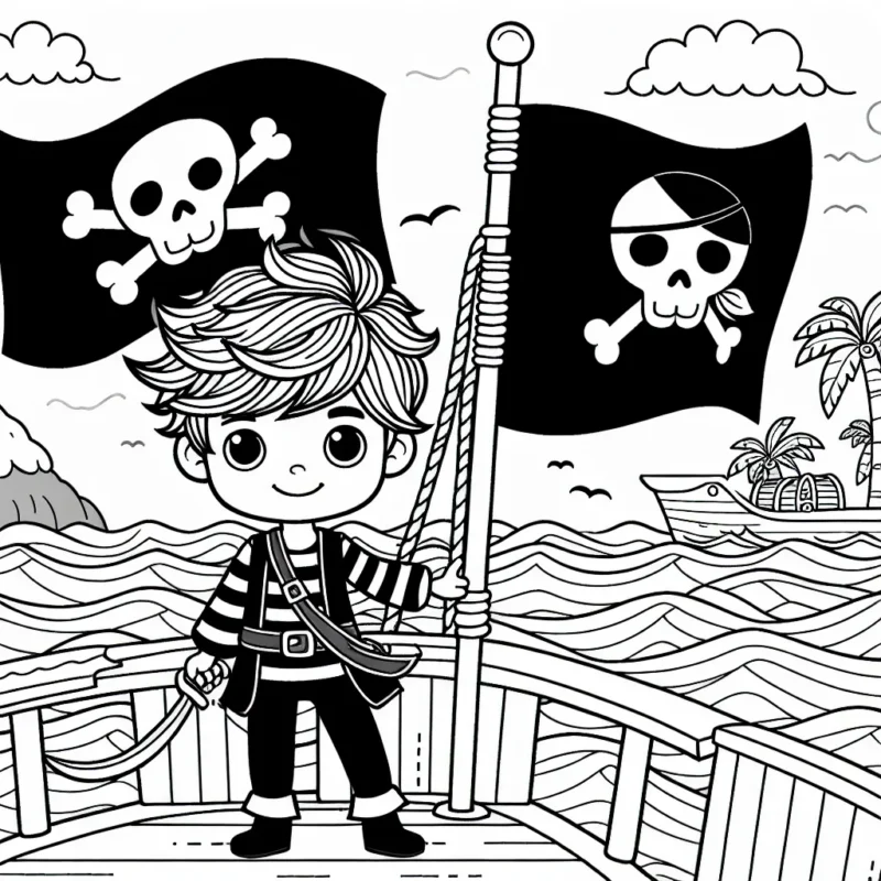 Un jeune garçon pirate se tient fièrement sur le pont de son bon vieux navire, les cheveux dans le vent. Derrière lui flotte son drapeau noir à la tête de mort. Dans la mer agitée, on peut voir une île au trésor au loin.