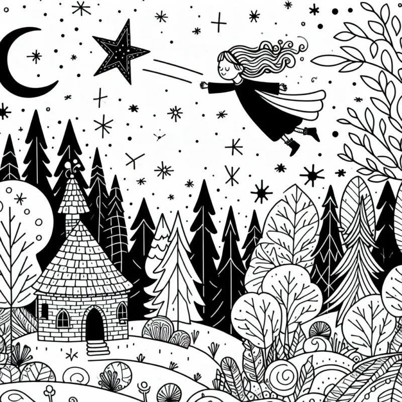 Inspire-toi des contes de fées et des aventures magiques pour créer un coloriage représentant une petite fille étoile filante, volant au-dessus d'une charmante maison de sorcière dans une forêt enchantée.