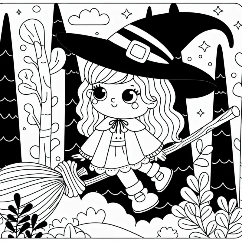 Dessine une petite sorcière sympathique chevauchant son balai magique au-dessus d'une forêt enchantée