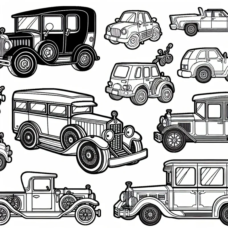 Un coloriage détaillé de voitures par marque et modèle pour faire découvrir aux enfants le monde de l'automobile de façon ludique et éducative.