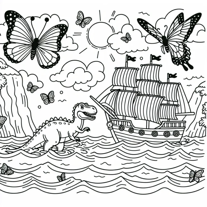 Dessine un dinosaure qui navigue sur l’océan à bord d’un bateau pirate, poursuivi par un essaim de papillons géants