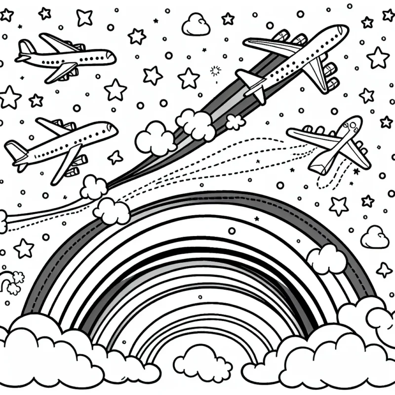 Un groupe d'avions virevoltant au milieu des nuages, des étoiles et des arcs-en-ciel