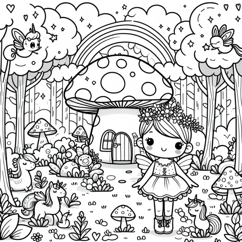 Une petite princesse debout près d'une charmante maison de champignons en plein cœur d'une forêt enchantée, entourée de créatures magiques comme des fées, des licornes et des oiseaux chanteurs.
