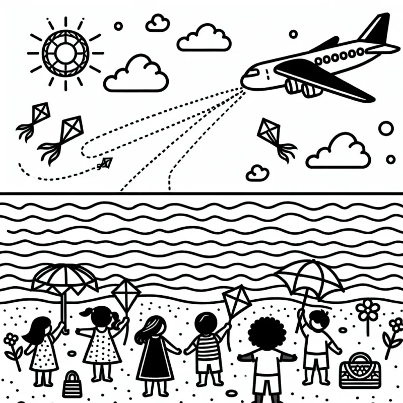 Un avion passe au-dessus de l'océan bleu, parmi des nuages blancs et un soleil éclatant jaune. Sur la plage, des enfants font voler des cerfs-volants colorés en admiration de l'avion.