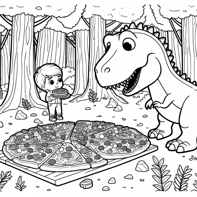 Un petit garçon avec son animal préféré, le dinosaure T-Rex, qui découvre ensemble un buffet de pizzas garnies de diverses délicieuses options dans un milieu de forêt préhistorique.