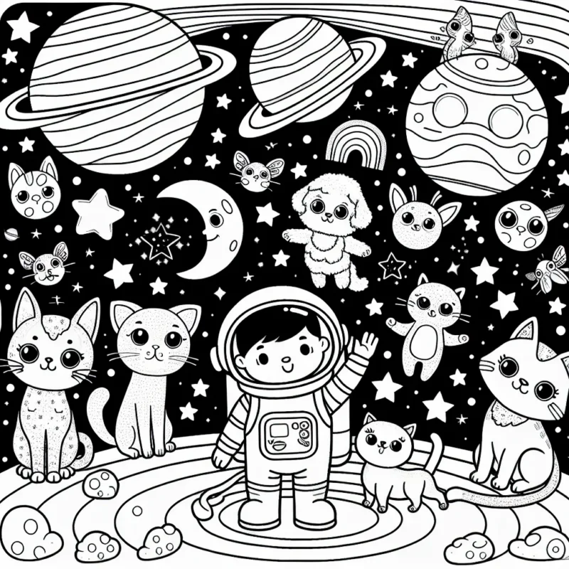 Sur une planète lointaine, un petit garçon astronaute rencontre une multitude d'animaux de l'espace amicaux et colorés. Il y a des chats galactiques aux couleurs de l'arc-en-ciel, des chiens étoilés qui luisent dans l'obscurité et des oiseaux à plumes de comète. Eclairez ce monde fantastique avec vos plus belles couleurs!