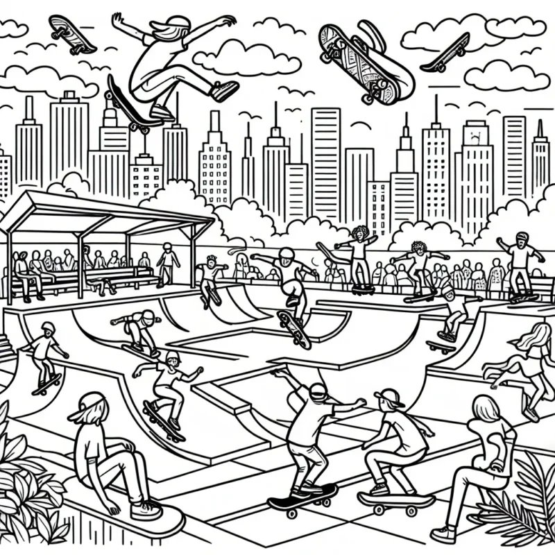 Dessinez un parcours de skateboard extrême dans un parc urbain animé, avec des skateurs exécutant des figures éblouissantes.