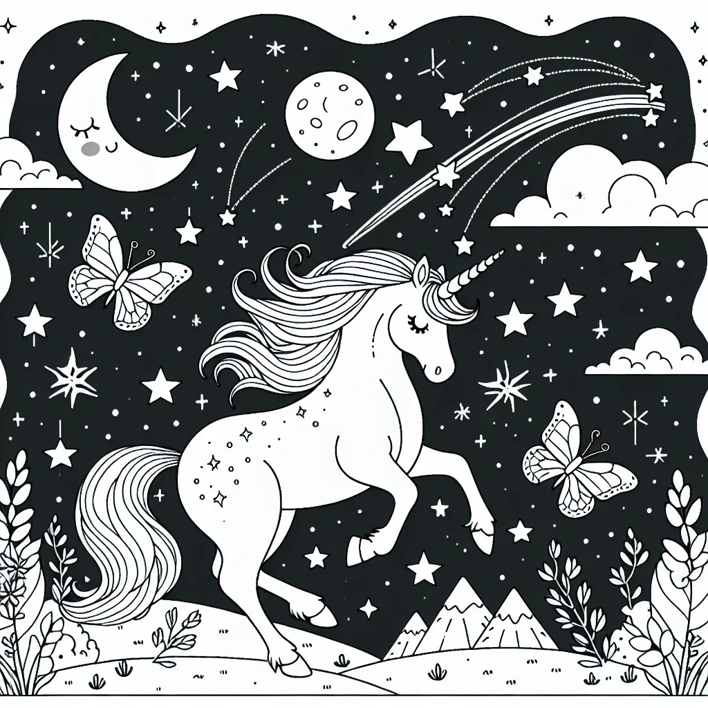 Dans un paysage magique, une licorne virevolte parmi les étoiles. Elle joue avec des papillons étincelants qui l'accompagnent dans son voyage à travers le ciel nocturne. D'une patte gracile, elle touche une étoile filante. Autour d'elle, des constellations brillent de mille feux et la lune sourit doucement.